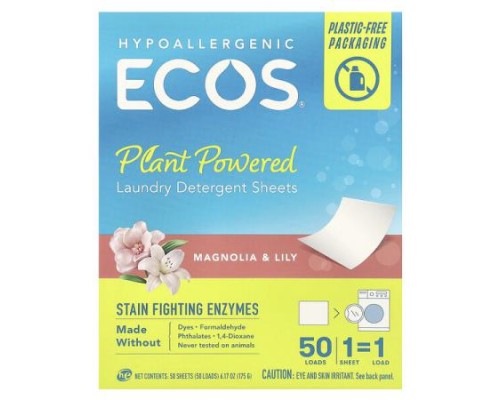 Earth Friendly Products, ECOS®, Plant Powered Laundry Detergent Sheets, Magnolia & Lily, 50 Sheets Earth Friendly Products, ECOS®, Plant Powered Laundry Detergent Sheets, Magnolia & Lily, 50 Sheets