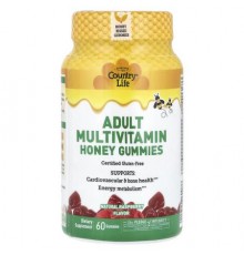 Country Life, Adult Multivitamin Honey Gummies, Natural Raspberry, 60 Gummies