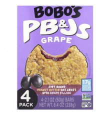 Bobo's Oat Bars, PB&Js, Grape, 4 Bars, 2.1 oz (60 g) Each