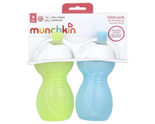 Munchkin, Click Lock™, Bite Proof Sippy Cup, 9 Months+, Light Green & Light Blue, 2 Count, 9 oz (266 ml) Each