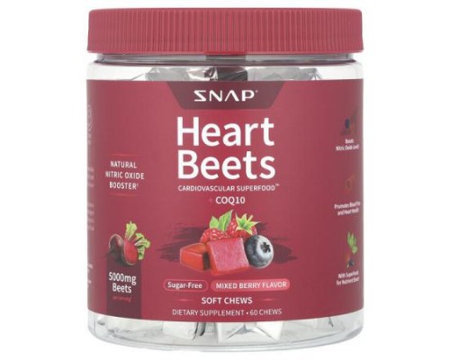 Snap Supplements, Heart Beets + CoQ10, Mixed Berry, 60 Soft Chews Snap Supplements, Heart Beets + CoQ10, Mixed Berry, 60 Soft Chews