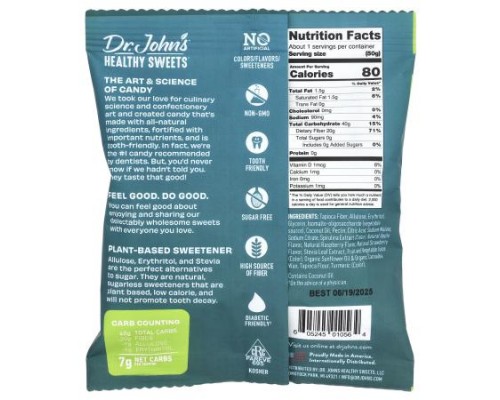 Dr. John's Healthy Sweets, Gummy Squares, Sugar Free, Green Apple, Blue Raspberry, & Strawberry, 1.8 oz (50 g) Dr. John's Healthy Sweets, Gummy Squares, Sugar Free, Green Apple, Blue Raspberry, & Strawberry, 1.8 oz (50 g)
