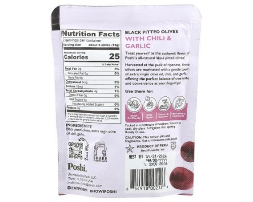 Poshi, Snacks, Premium Black Olives, Chili & Garlic, 1.1 oz (30 g) Poshi, Snacks, Premium Black Olives, Chili & Garlic, 1.1 oz (30 g)
