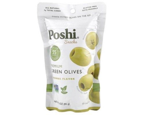 Poshi, Snacks, Premium Green Olives, Original, 3 oz (85 g)