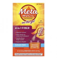 Metamucil, On-The-Go, 4-in-1 Fiber, Orange, Sugar Free, 30 Powder Packets, 0.21 oz (5.8 g) Each