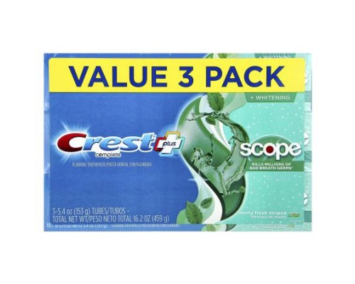 Crest, Complete Plus™, Scope® + Whitening, Fluoride Toothpaste, Minty Fresh Striped , 3 Pack, 5.4 oz (153 g) Each