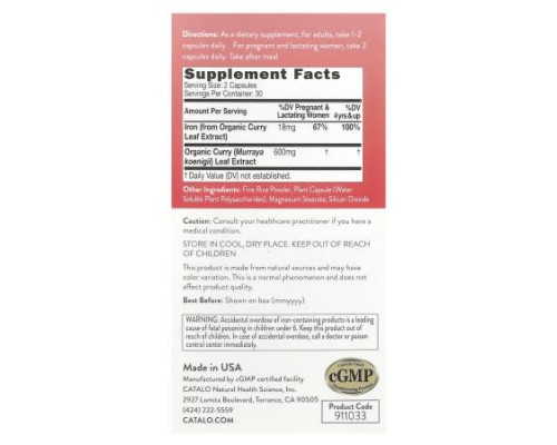 CATALO, Women's Vegetarian Iron, 60 Vegetarian Capsules CATALO, Women's Vegetarian Iron, 60 Vegetarian Capsules