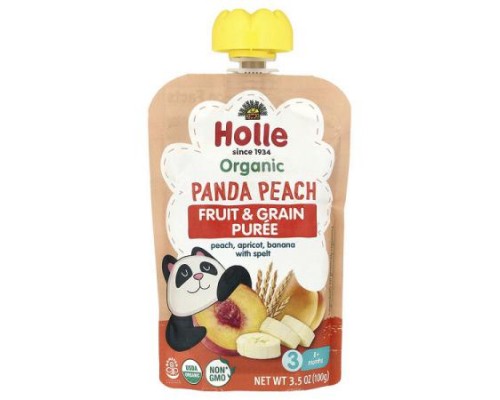 Holle, Organic Fruit & Grain Puree, Panda Peach, 8+ Months, Peach, Apricot, Banana With Spelt, 3.5 oz (100 g)