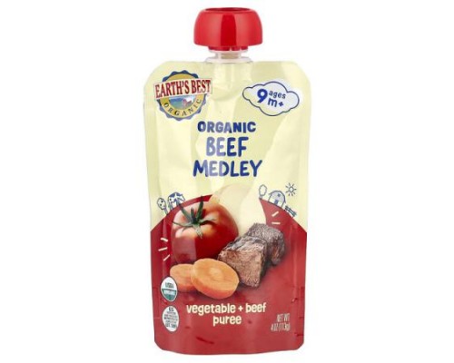 Earth's Best, Organic Vegetable + Beef Puree, Ages 9+ Months, Beef Medley, 4 oz (113 g)