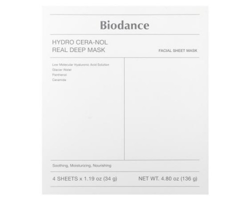 Biodance, Hydro Cera-Nol Real Deep Beauty Mask, 4 Sheets, 1.19 oz (34 g) Each Biodance, Hydro Cera-Nol Real Deep Beauty Mask, 4 Sheets, 1.19 oz (34 g) Each