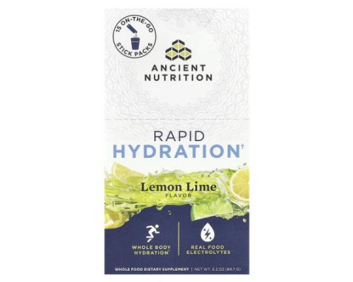 Ancient Nutrition, Rapid Hydration, Lemon Lime, 15 On-The-Go Stick Packs, 0.2 oz (6 g) Each Ancient Nutrition, Rapid Hydration, Lemon Lime, 15 On-The-Go Stick Packs, 0.2 oz (6 g) Each