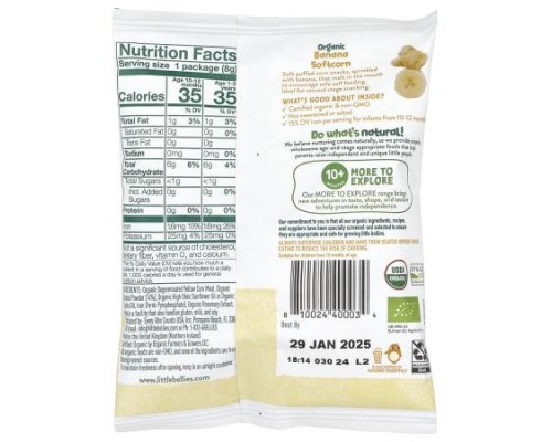 Little Bellies, Organic Banana Softcorn, 10+ Months, 18 Bags, 0.28 oz (8 g) Each Little Bellies, Organic Banana Softcorn, 10+ Months, 18 Bags, 0.28 oz (8 g) Each