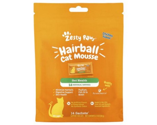 Zesty Paws, Hairball Cat Mousse, All Ages, Chicken, 14 Sachets, 0.2 oz (6 g) Each