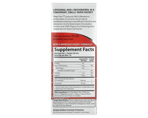 Aurora Nutrascience, Mega-Pack+®, Liposomal NAD +/ Resveratrol, 10 Packets, 0.68 fl oz (20 ml) Each