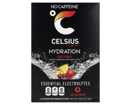 Celsius, Live Fit, Hydration, Essential Electrolytes, No Caffeine, Fruit Punch, 14 Hydration Powder Sticks, 0.27 oz (7.76 g) Each