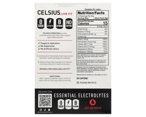 Celsius, Live Fit, Hydration, Essential Electrolytes, No Caffeine, Fruit Punch, 14 Hydration Powder Sticks, 0.27 oz (7.76 g) Each