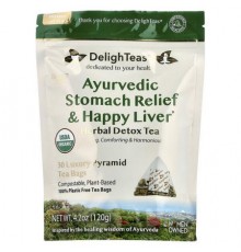 DelighTeas, Ayurvedic Stomach Relief & Happy Liver, Herbal Detox Tea, Caffeine Free, 30 Luxury Pyramid Tea Bags, 4.2 oz (120 g)