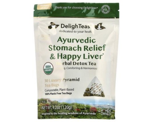DelighTeas, Ayurvedic Stomach Relief & Happy Liver, Herbal Detox Tea, Caffeine Free, 30 Luxury Pyramid Tea Bags, 4.2 oz (120 g)