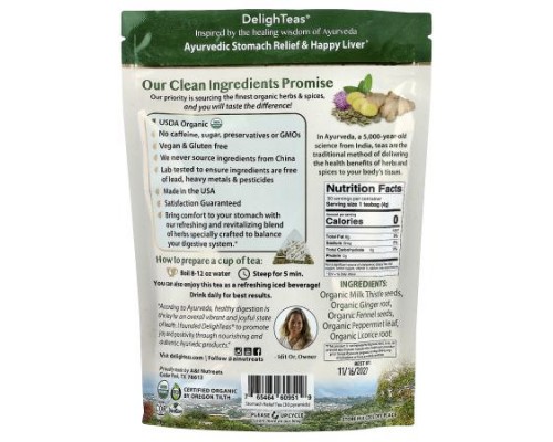DelighTeas, Ayurvedic Stomach Relief & Happy Liver, Herbal Detox Tea, Caffeine Free, 30 Luxury Pyramid Tea Bags, 4.2 oz (120 g)