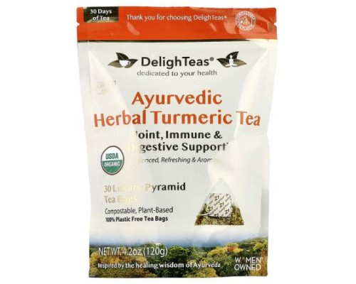 DelighTeas, Ayurvedic Herbal Turmeric Tea, Caffeine Free, 30 Luxury Pyramid Tea Bags, 4.2 oz (120 g)