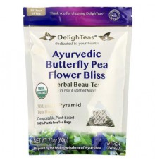 DelighTeas, Ayurvedic Butterfly Pea Flower Bliss, Herbal Beau-Tea, Caffeine Free, 30 Luxury Pyramid Tea Bags, 2.1 oz (60 g)