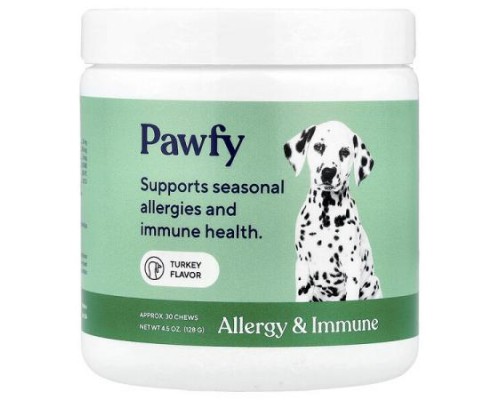 Pawfy, Allergy & Immune, For Dogs, 6 Months+, Turkey, 30 Chews, 4.5 oz (128 g)