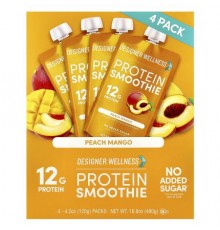 Designer Wellness, Protein Smoothie, Peach Mango, 4 Packs, 4.2 oz (120 g) Each