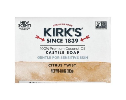Kirk's, 100% Premium Coconut Oil Castile Bar Soap, Citrus Twist, 4 oz (113 g) Kirk's, 100% Premium Coconut Oil Castile Bar Soap, Citrus Twist, 4 oz (113 g)