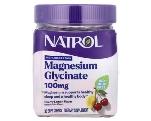 Natrol, Magnesium Glycinate, High Absorption, Cherry Lemon, 100 mg, 30 Soft Chews