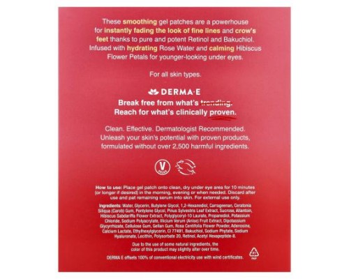DERMA E, Retinol Line Smoothing Hydro Gel Patches, For All Skin Types, 5 Pack DERMA E, Retinol Line Smoothing Hydro Gel Patches, For All Skin Types, 5 Pack