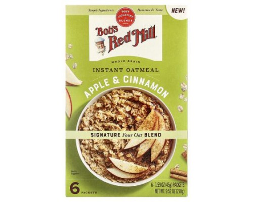 Bob's Red Mill, Instant Oatmeal, Whole Grain, Apple & Cinnamon, 6 Packets, 1.59 oz (45 g) Each Bob's Red Mill, Instant Oatmeal, Whole Grain, Apple & Cinnamon, 6 Packets, 1.59 oz (45 g) Each