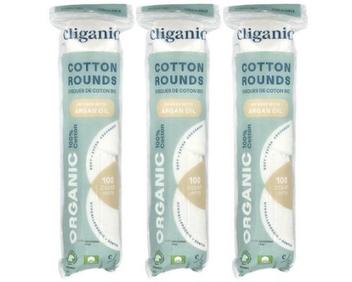 Cliganic, Organic Cotton Rounds Infused With Argan Oil , 3 Packs, (100 Cotton Rounds) Each Cliganic, Organic Cotton Rounds Infused With Argan Oil , 3 Packs, (100 Cotton Rounds) Each