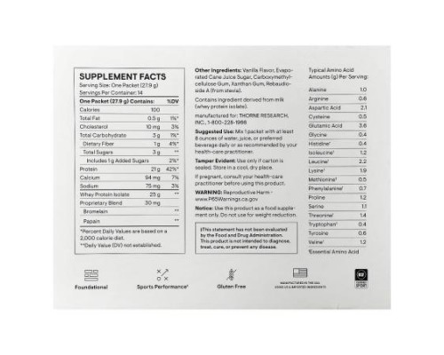 Thorne, Whey Protein Isolate, Vanilla, 14 Packets, 0.98 oz (27.9 g) Each