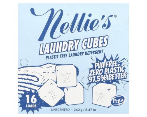 Nellie's, Laundry Cubes, Plastic Free Laundry Detergent, Unscented, 16 Loads, 8.47 oz (240 g)