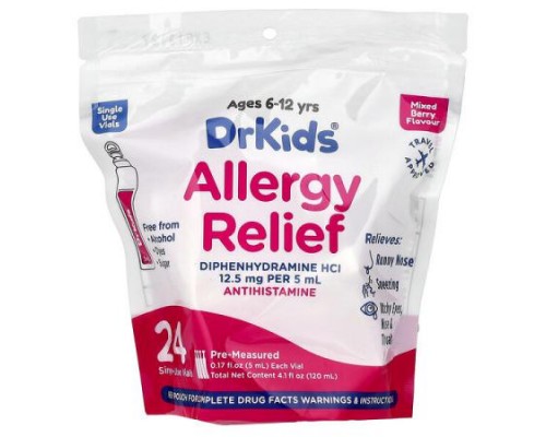 DrKids, Allergy Relief, Ages 6-12 Yrs, Mixed Berry, 24 Single-Use Vials, 0.17 fl oz (5 ml) Each