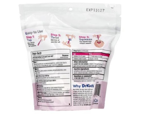 DrKids, Allergy Relief, Ages 6-12 Yrs, Mixed Berry, 24 Single-Use Vials, 0.17 fl oz (5 ml) Each