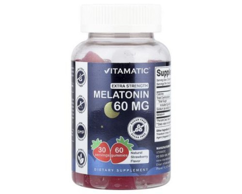 Vitamatic, Extra Strength Melatonin Gummies, Natural Strawberry, Sugar Free, 60 mg, 60 Gummies