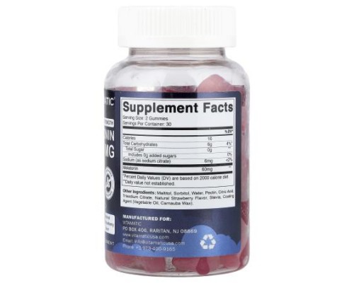 Vitamatic, Extra Strength Melatonin Gummies, Natural Strawberry, Sugar Free, 60 mg, 60 Gummies