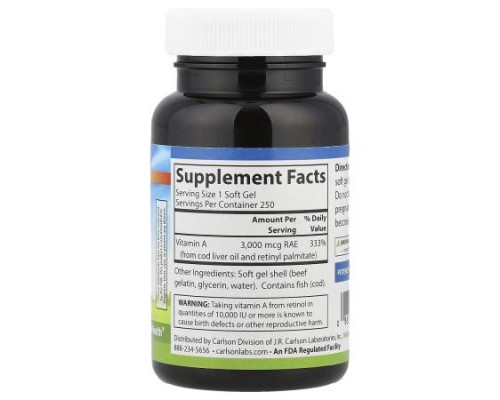 Carlson, Vitamin A, 3,000 mcg RAE (10,000 IU), 250 Soft Gels Carlson, Vitamin A, 3,000 mcg RAE (10,000 IU), 250 Soft Gels