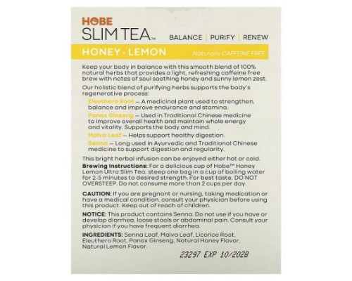 Hobe Labs, Ultra Slim Tea, Honey Lemon, Caffeine Free, 24 Herbal Tea Bags, 1.69 oz (48 g) Each Hobe Labs, Ultra Slim Tea, Honey Lemon, Caffeine Free, 24 Herbal Tea Bags, 1.69 oz (48 g) Each