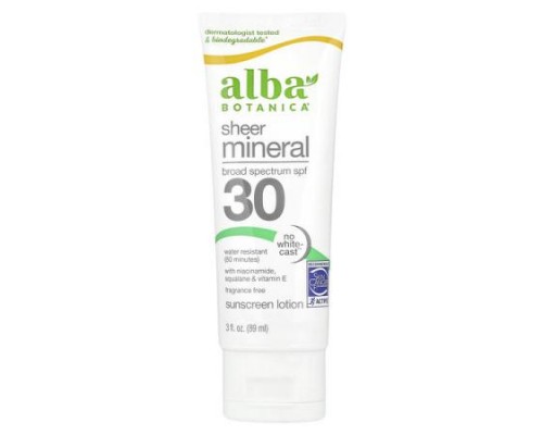 Alba Botanica, Sheer Mineral Sunscreen Lotion, SPF 30, Fragrance Free, 3 fl oz (89 ml) Alba Botanica, Sheer Mineral Sunscreen Lotion, SPF 30, Fragrance Free, 3 fl oz (89 ml)