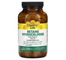 Country Life, Betaine Hydrochloride with Pepsin, 600 mg, 250 Tablets