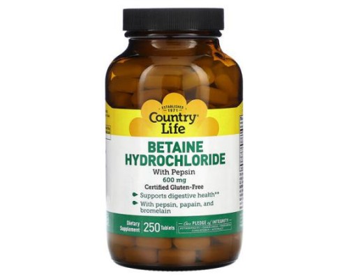 Country Life, Betaine Hydrochloride with Pepsin, 600 mg, 250 Tablets Country Life, Betaine Hydrochloride with Pepsin, 600 mg, 250 Tablets