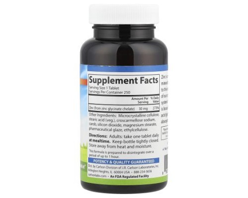 Carlson, Chelated Zinc, 30 mg, 250 Tablets