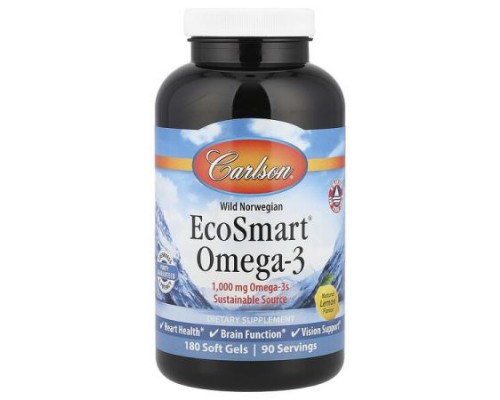 Carlson, Wild Norwegian, EcoSmart® Omega-3, Natural Lemon, 180 Soft Gels Carlson, Wild Norwegian, EcoSmart® Omega-3, Natural Lemon, 180 Soft Gels