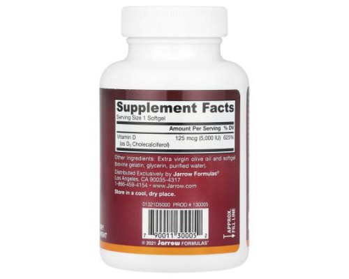 Jarrow Formulas, Vitamin D3, 125 mcg (5,000 IU), 100 Softgels