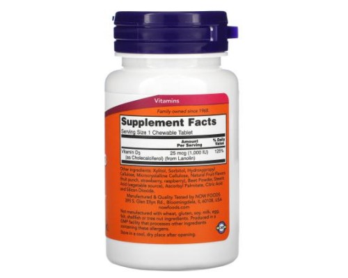 NOW Foods, Chewable Vitamin D-3, Natural Fruit Flavor, 1,000 IU, 180 Chewables