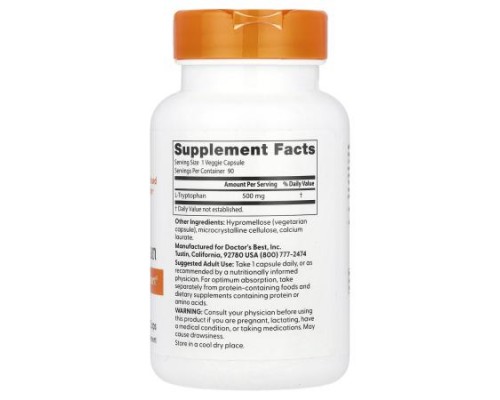 Doctor's Best, L-Tryptophan , 500 mg, 90 Veggie Caps Doctor's Best, L-Tryptophan , 500 mg, 90 Veggie Caps