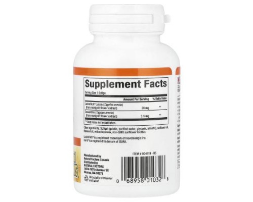 Natural Factors, Lutein, 20 mg, 60 Softgels