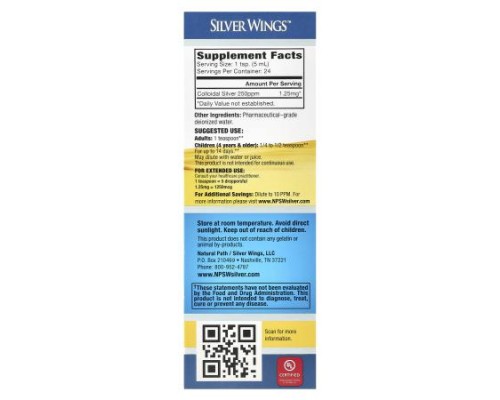 Natural Path Silver Wings, Colloidal Silver, 250 ppm, 4 fl oz (120 ml) Natural Path Silver Wings, Colloidal Silver, 250 ppm, 4 fl oz (120 ml)